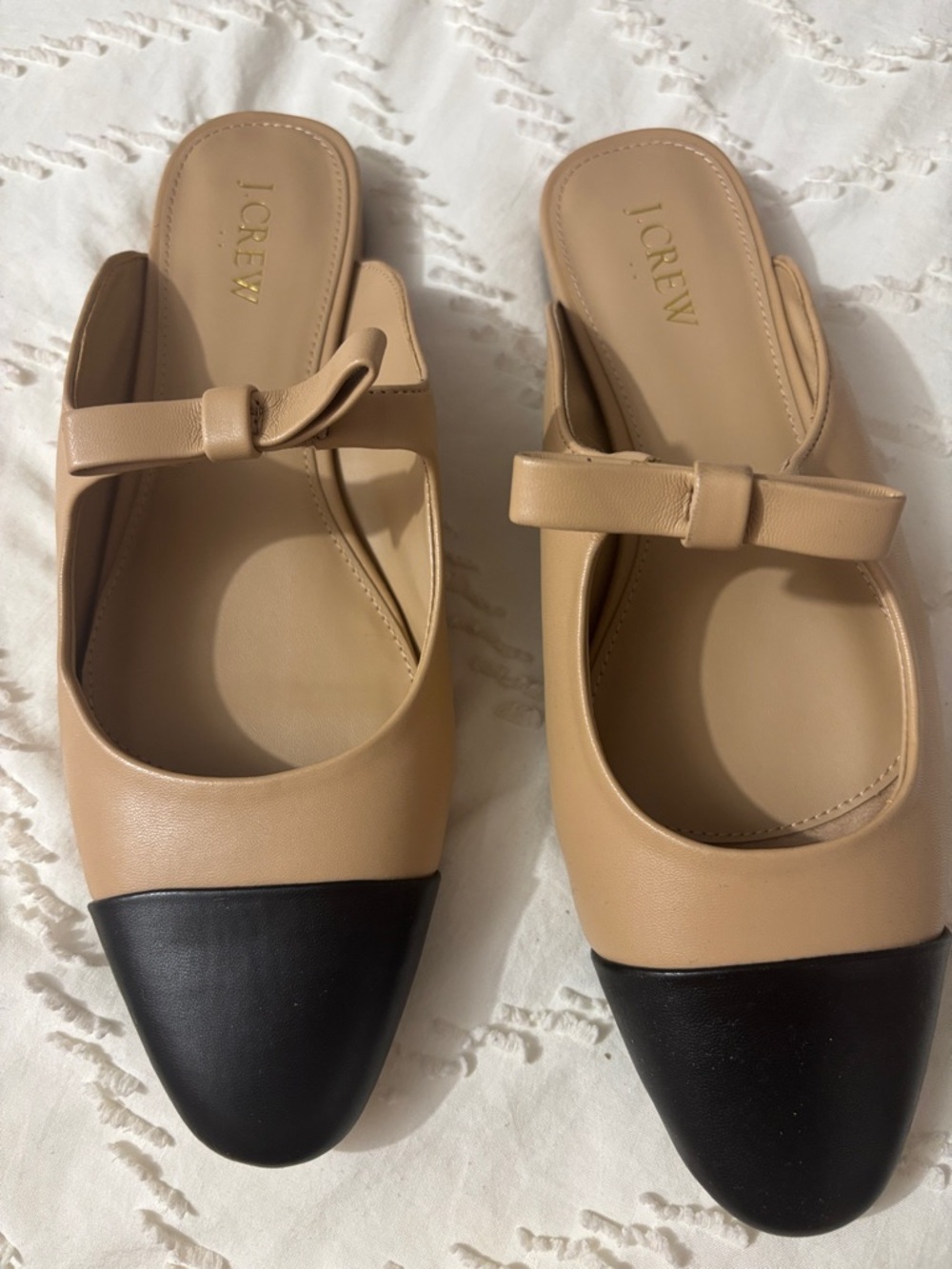 J. Crew Two-Tone Beige Leather Mules with Black Cap Toe and Bow